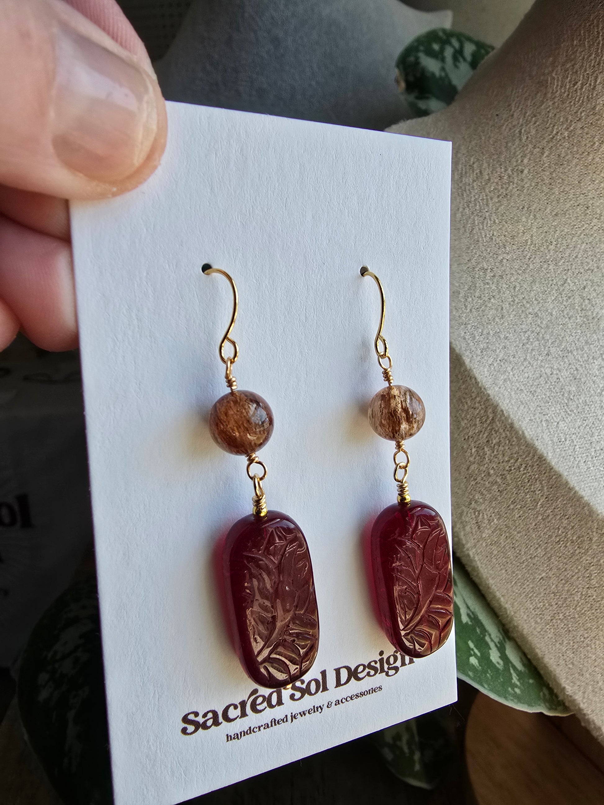 Rutilated Quartz & Carved Czech Glass Drop Earrings Sacred Sol Design