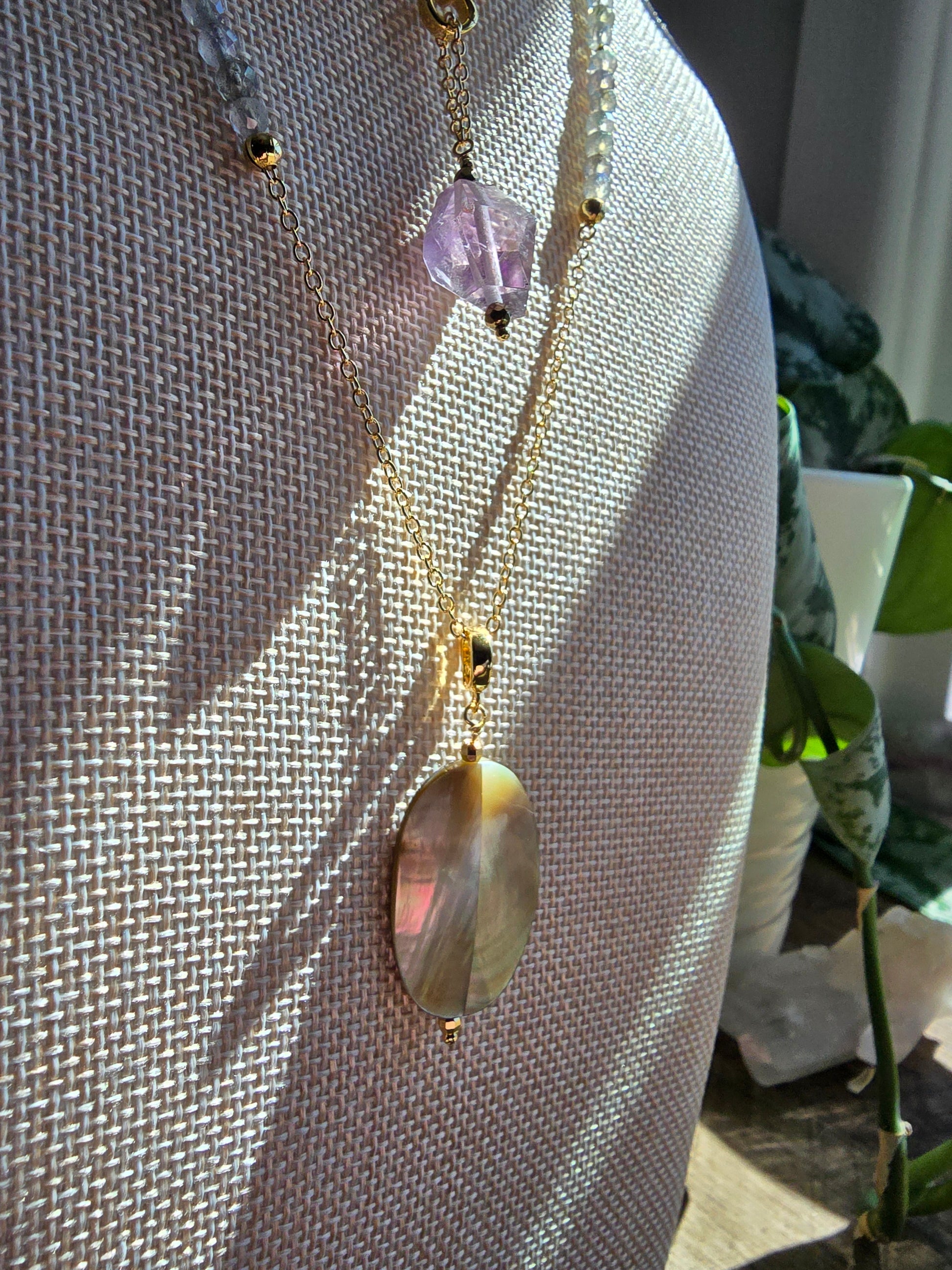 Solstice Drift Necklace | Labradorite, Amethyst & Mother of Pearl Layered Drop Necklace Sacred Sol Design