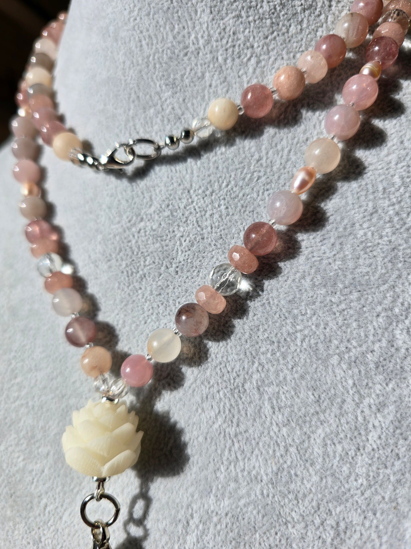Lotus Bloom Lanyard - Purple Rose Quartz, Plum Jade, Strawberry Quartz, Pink Pearls Sacred Sol Design