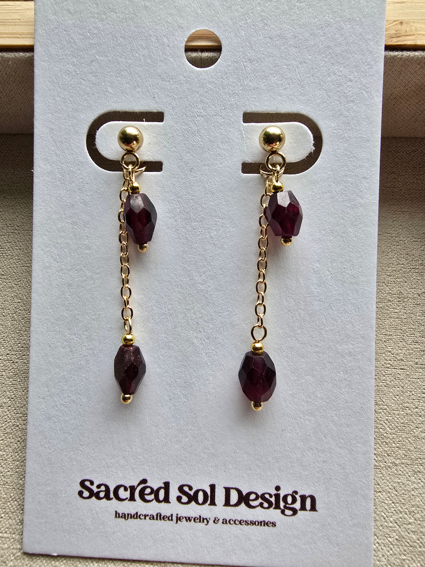 Gold Drop Earrings with Garnet or Rose Quartz - Dainty Chain Dangle Earrings - Minimal Gemstone Earrings Sacred Sol Design