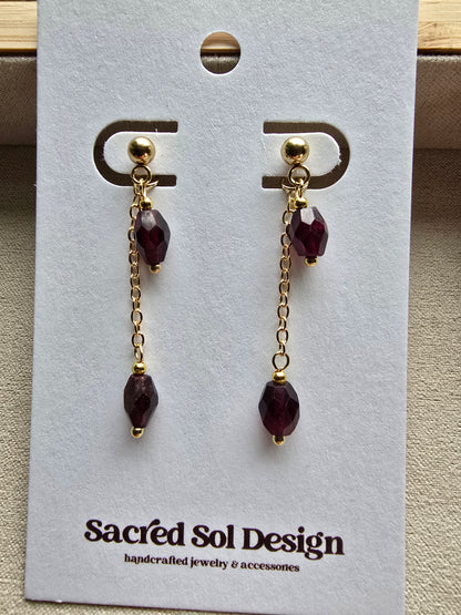 Gold Drop Earrings with Garnet or Rose Quartz - Dainty Chain Dangle Earrings - Minimal Gemstone Earrings Sacred Sol Design