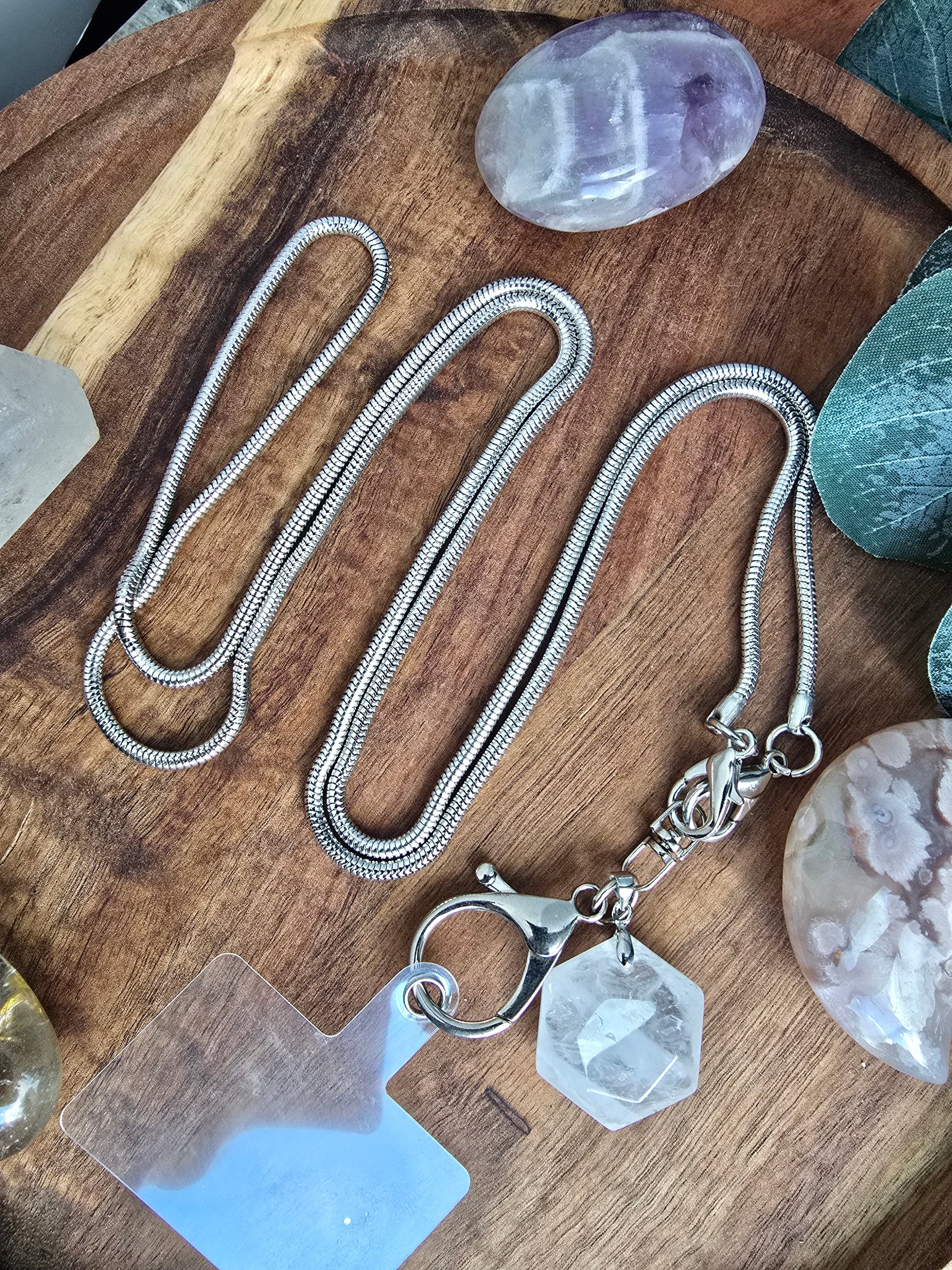 Elegant Snake Chain Lanyard with Natural Quartz Charm Sacred Sol Design