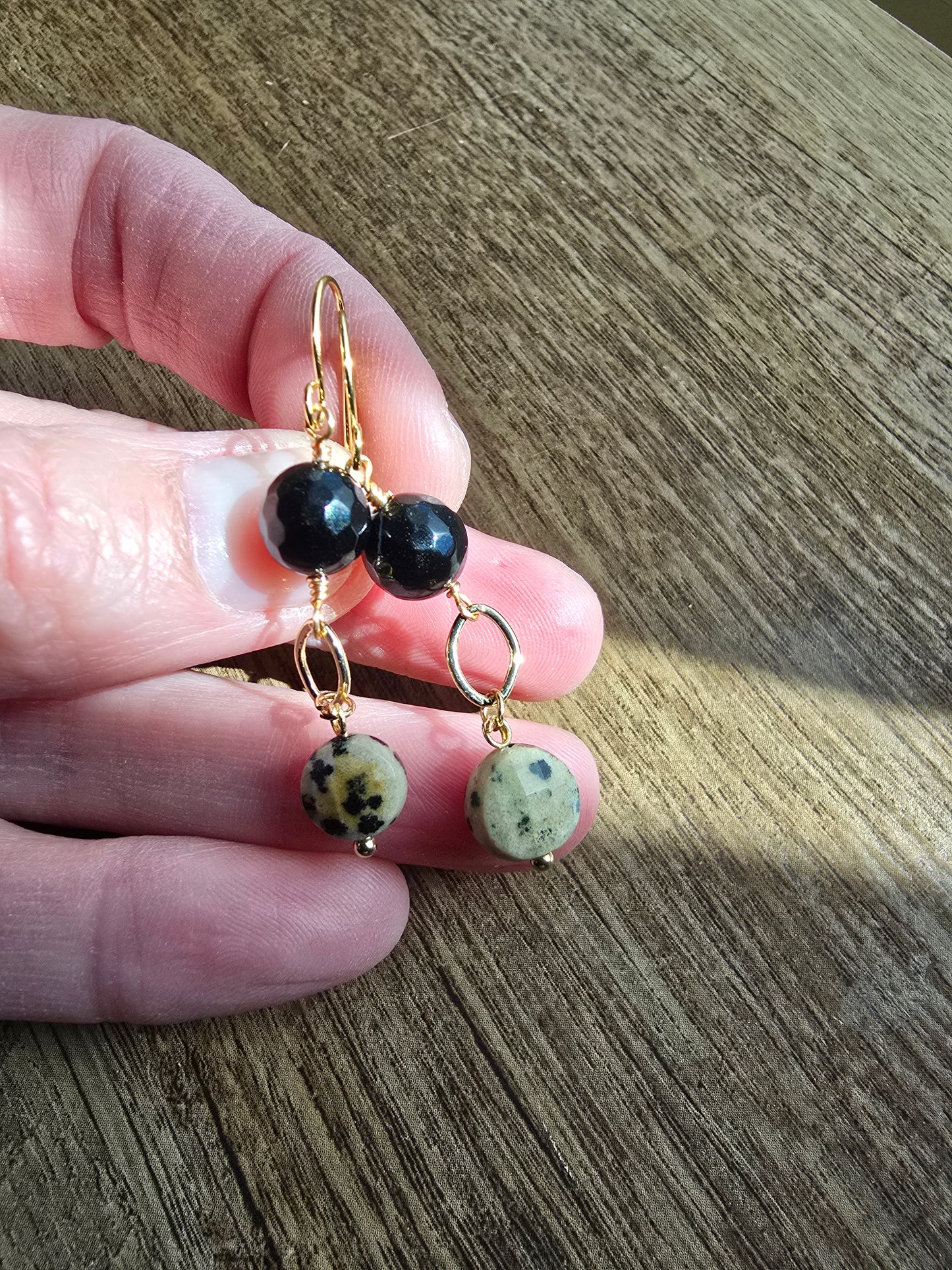 Dalmatian Jasper & Faceted Black Agate Drop Earrings - Gold Plated Earrings Sacred Sol Design