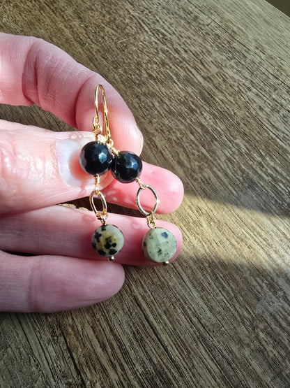 Dalmatian Jasper & Faceted Black Agate Drop Earrings - Gold Plated Earrings Sacred Sol Design