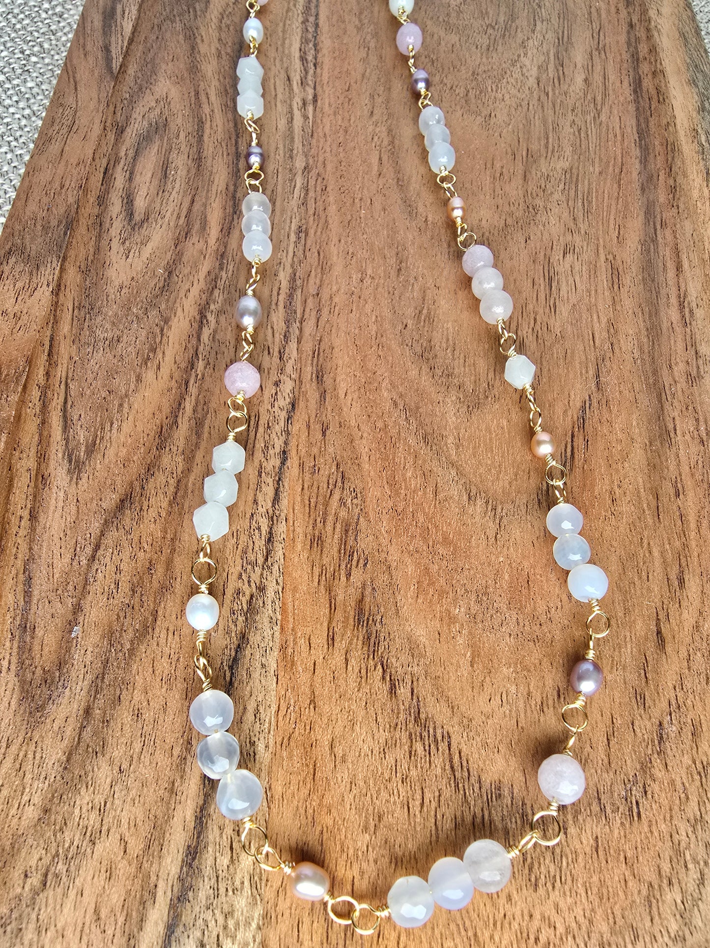 Hand-Wrapped White Agate, Rose Quartz & Freshwater Pearl Necklace Sacred Sol Design
