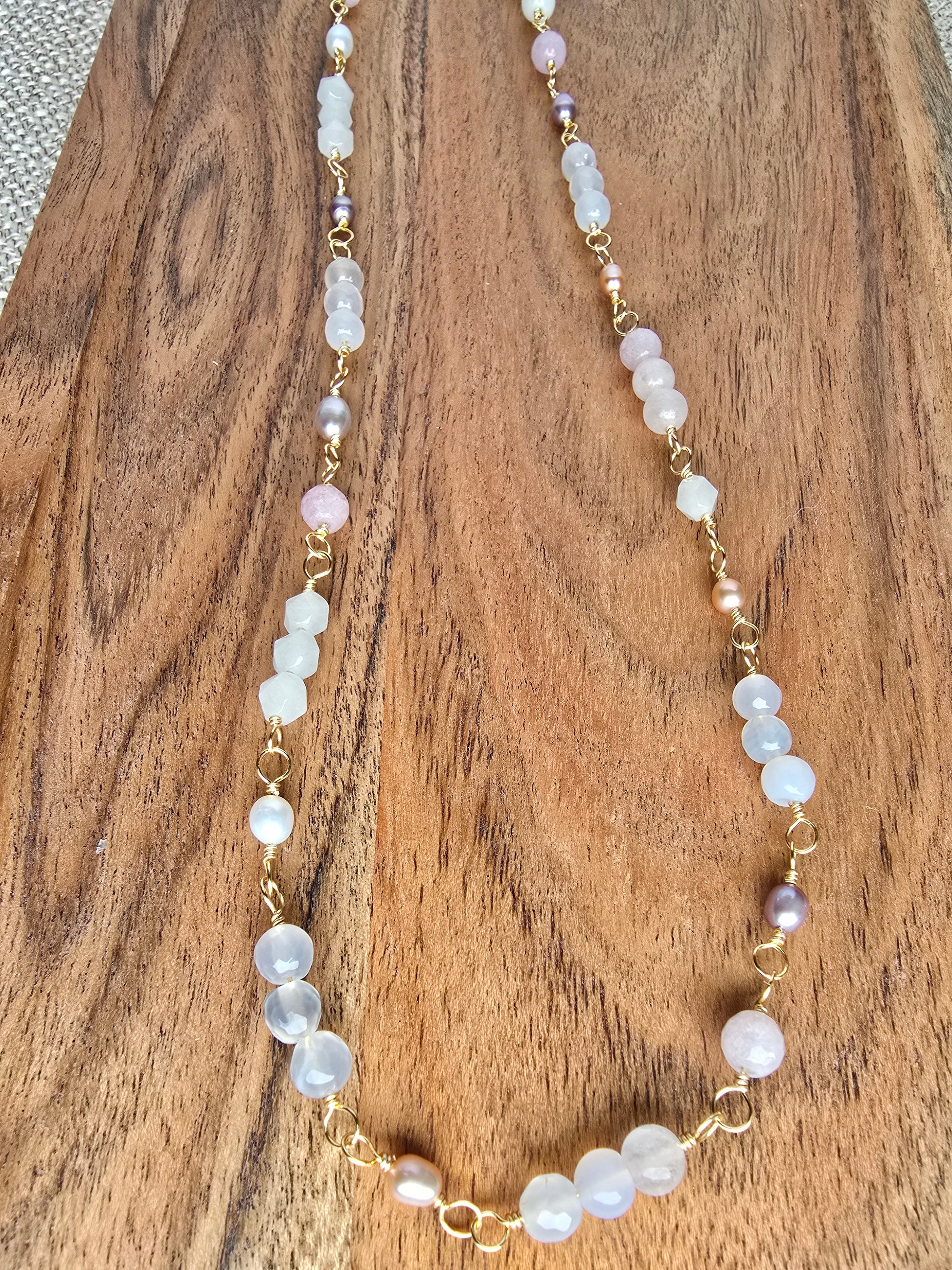 Hand-Wrapped White Agate, Rose Quartz & Freshwater Pearl Necklace Sacred Sol Design