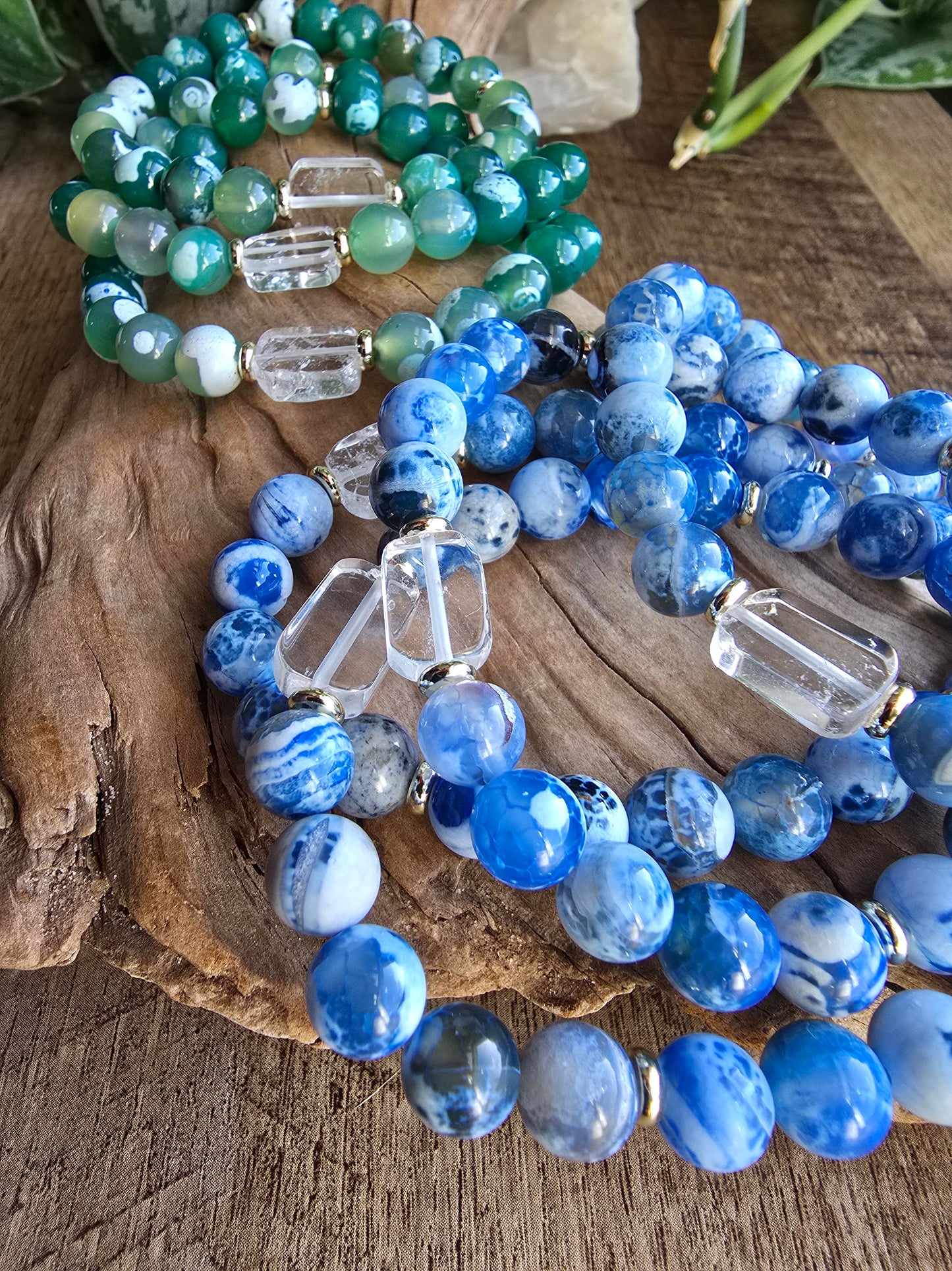 Agate Bracelet with Clear Quartz Focal, Blue or Green Gemstone Bracelet, Gold Plated Beaded Stretch Bracelet My Store