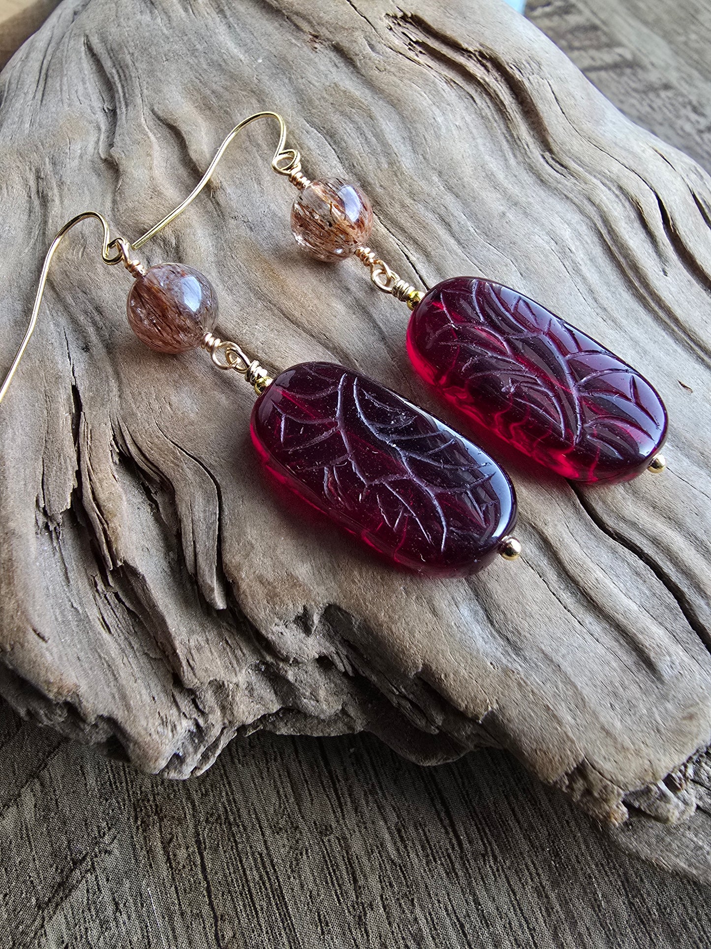 Rutilated Quartz & Carved Czech Glass Drop Earrings Sacred Sol Design