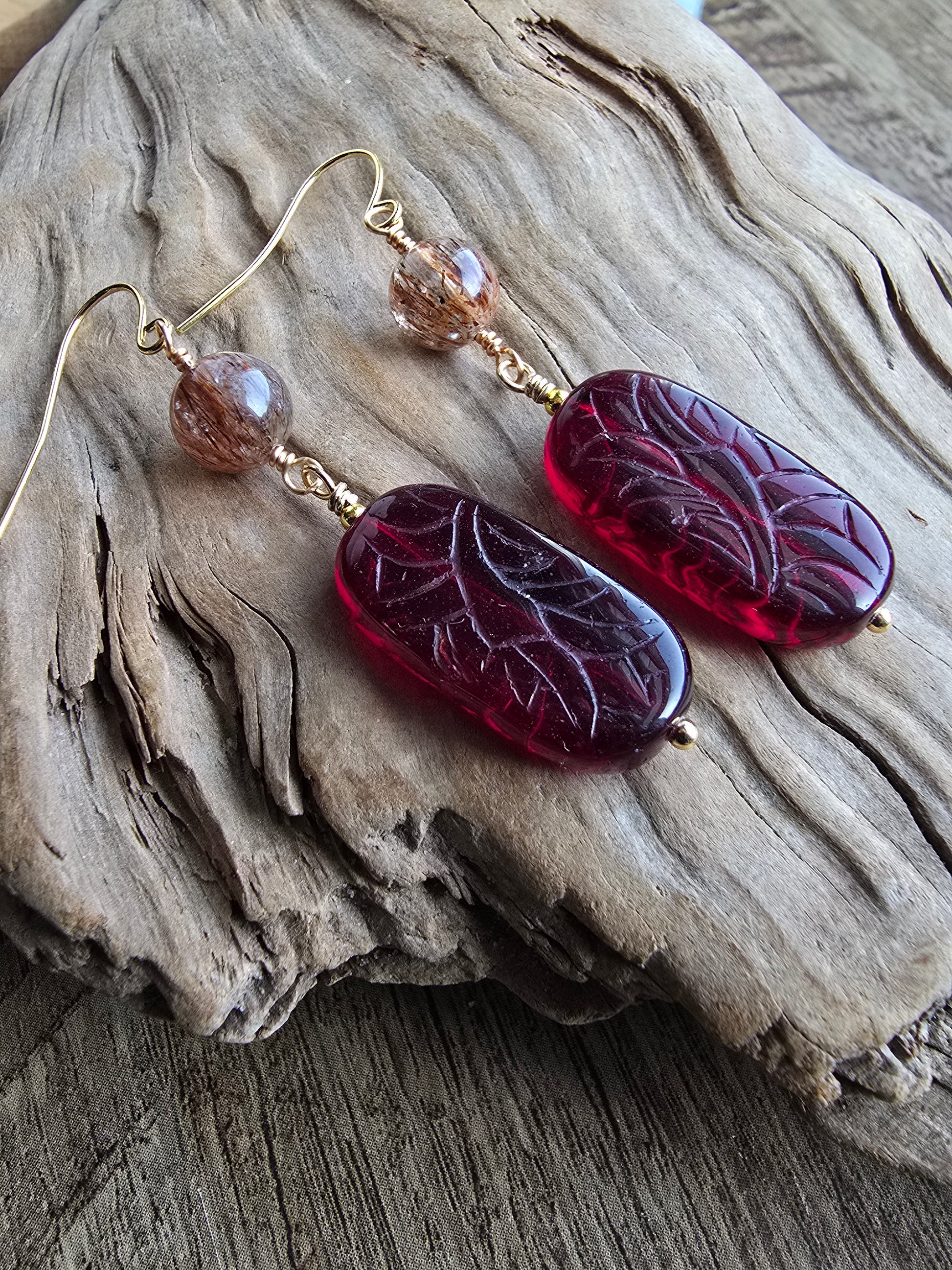 Rutilated Quartz & Carved Czech Glass Drop Earrings Sacred Sol Design