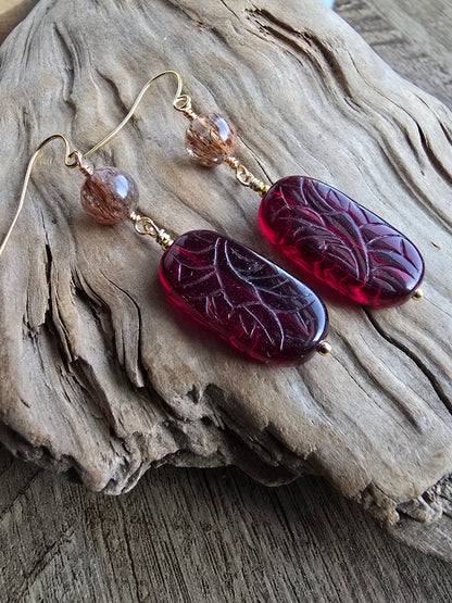 Rutilated Quartz & Carved Czech Glass Drop Earrings Sacred Sol Design