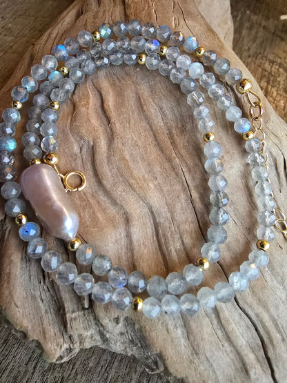 Labradorite and Baroque Pearl Necklace – Natural Gemstone Necklace – Gold Filled Asymmetrical Necklace Sacred Sol Design
