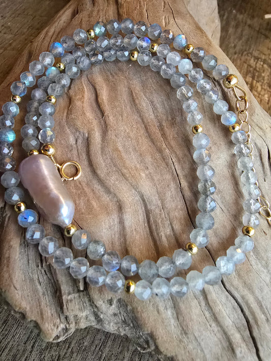 Labradorite and Baroque Pearl Necklace – Natural Gemstone Necklace – Gold Filled Asymmetrical Necklace Sacred Sol Design