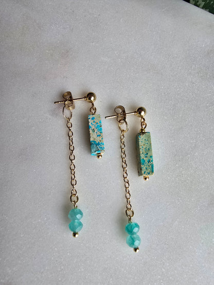 Turquoise Jasper Bar Earrings with Chain Dangle – Gold Plated Stud Earrings, Modern Minimal Stone Drops Sacred Sol Design