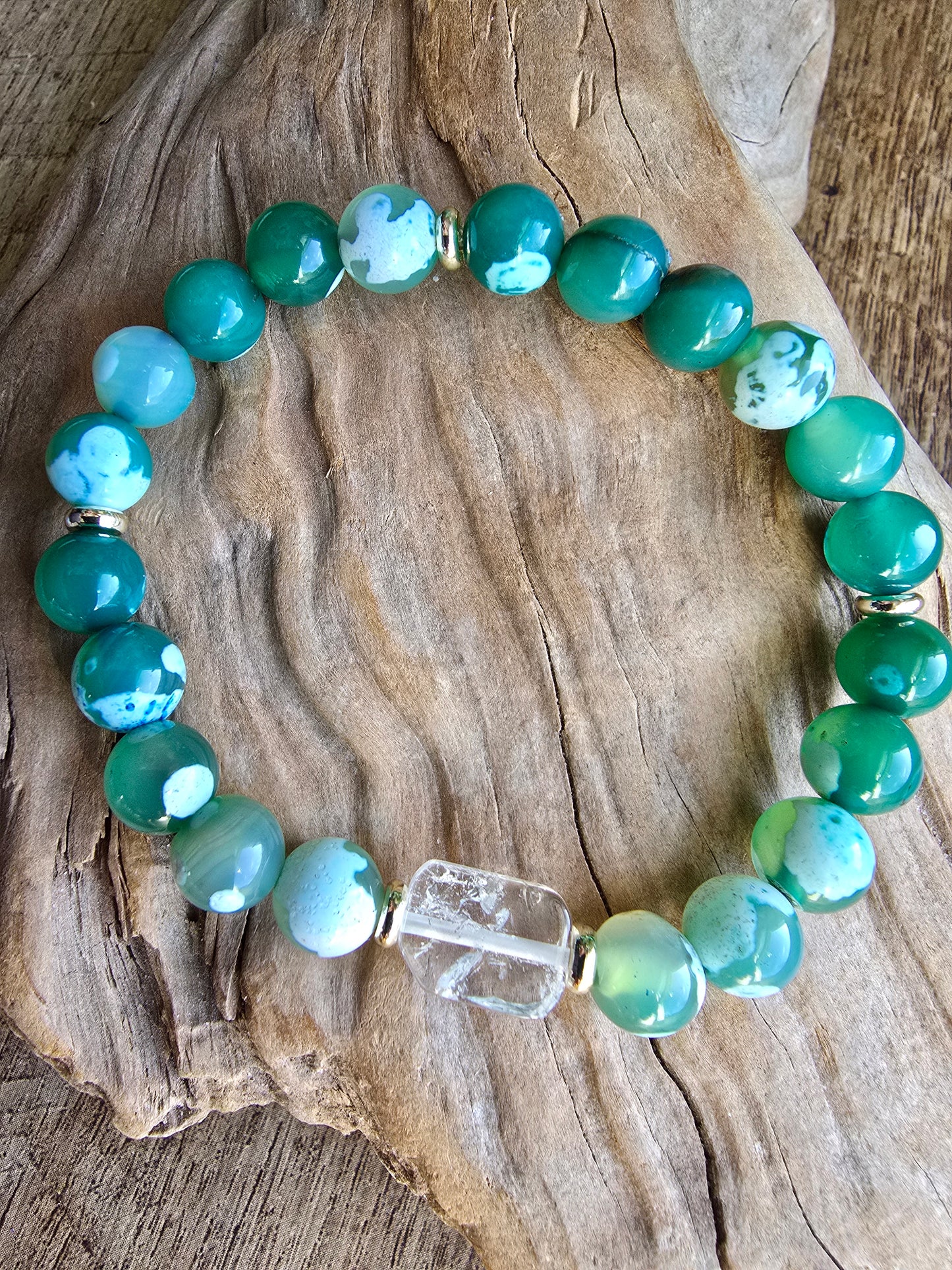 Agate Bracelet with Clear Quartz Focal, Blue or Green Gemstone Bracelet, Gold Plated Beaded Stretch Bracelet My Store