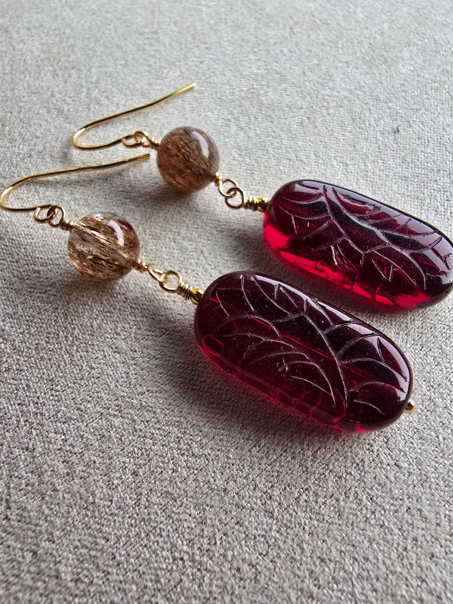 Rutilated Quartz & Carved Czech Glass Drop Earrings Sacred Sol Design