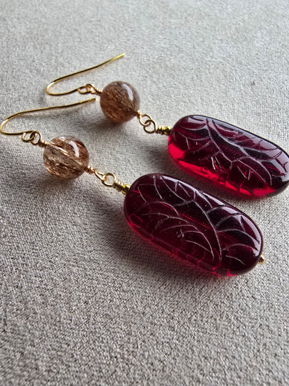 Rutilated Quartz & Carved Czech Glass Drop Earrings Sacred Sol Design