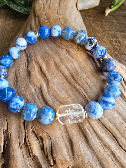 Agate Bracelet with Clear Quartz Focal, Blue or Green Gemstone Bracelet, Gold Plated Beaded Stretch Bracelet My Store