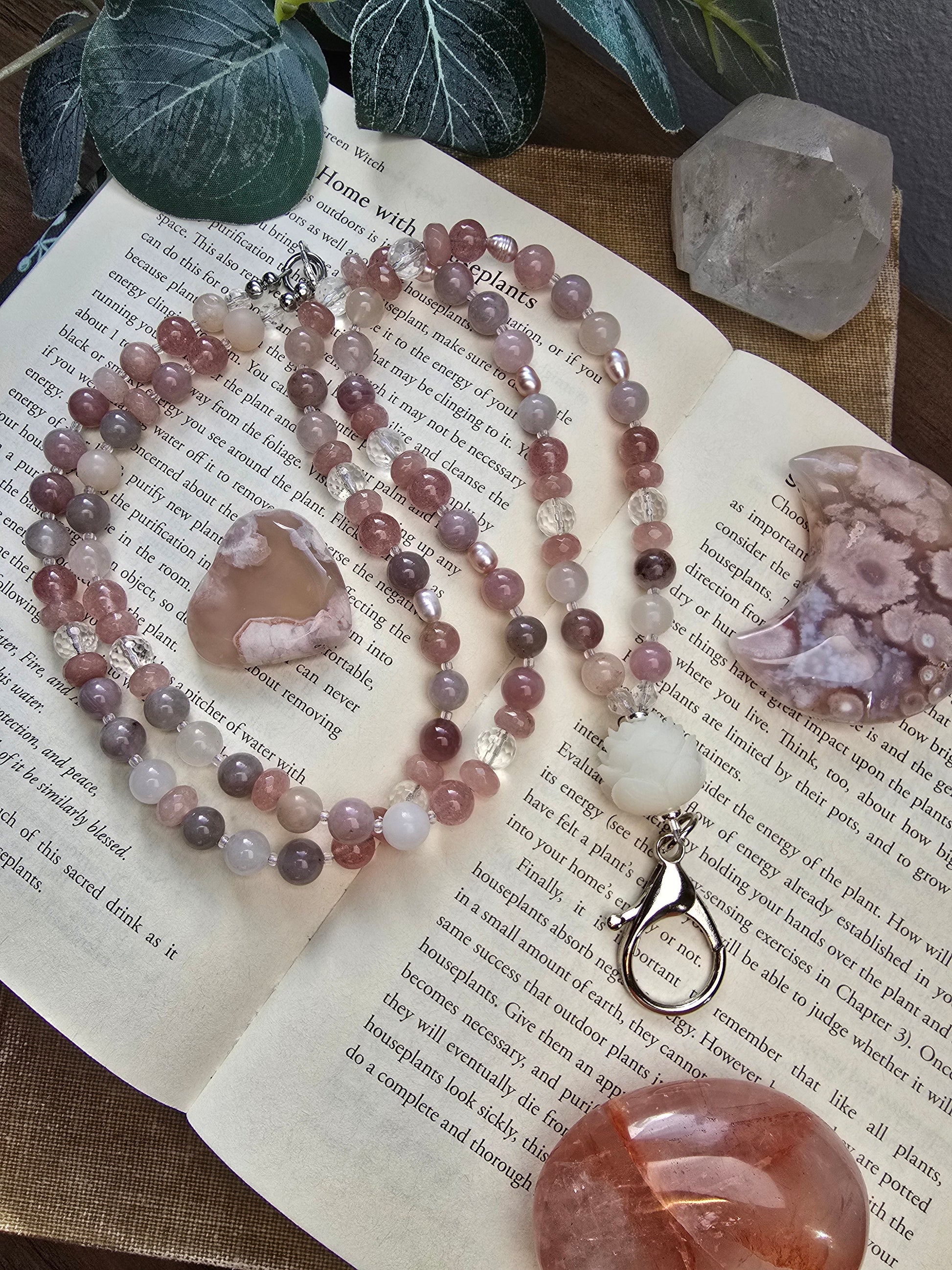 Lotus Bloom Lanyard - Purple Rose Quartz, Plum Jade, Strawberry Quartz, Pink Pearls Sacred Sol Design