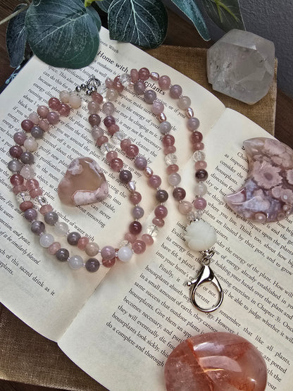 Lotus Bloom Lanyard - Purple Rose Quartz, Plum Jade, Strawberry Quartz, Pink Pearls Sacred Sol Design