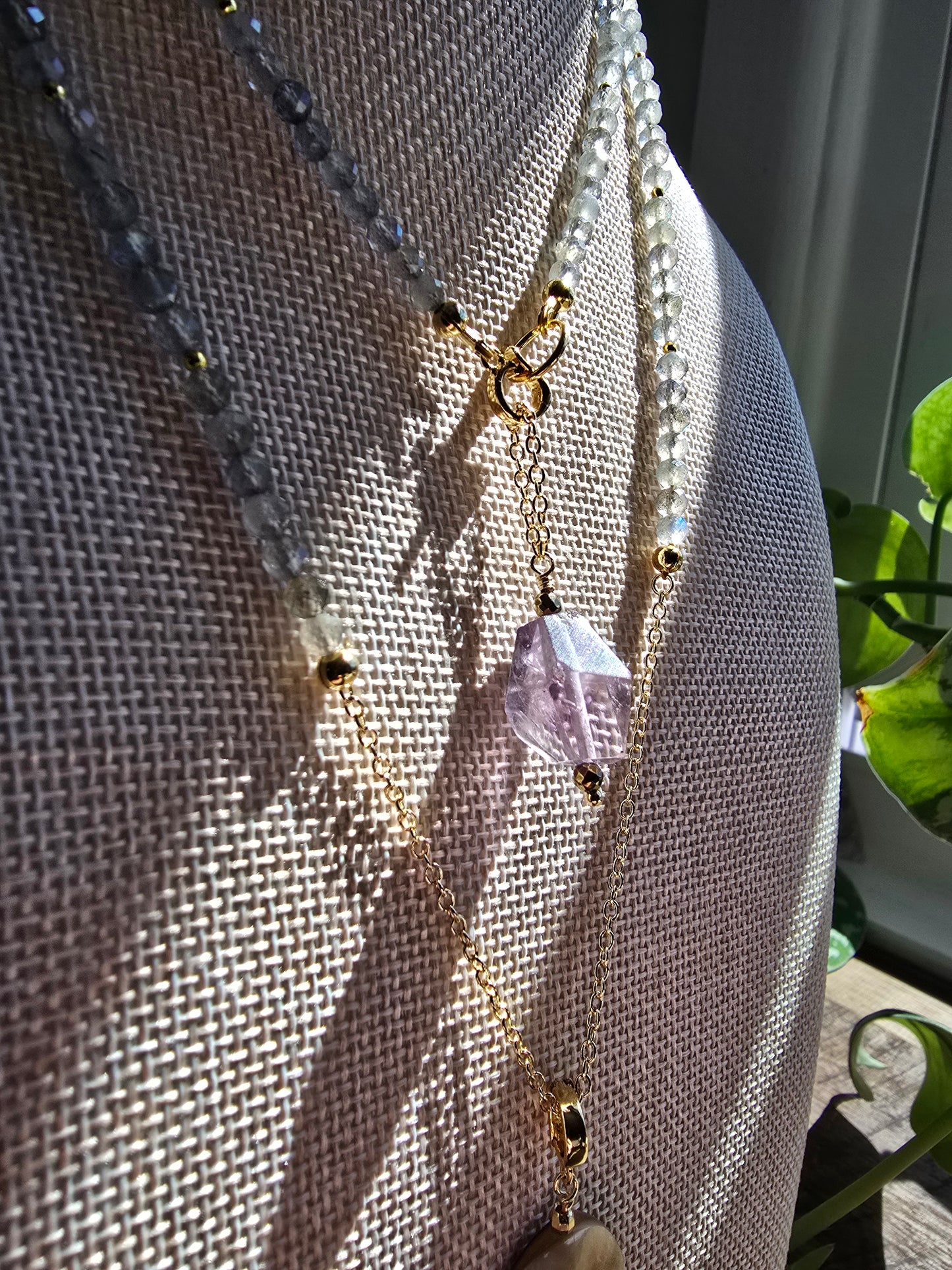 Solstice Drift Necklace | Labradorite, Amethyst & Mother of Pearl Layered Drop Necklace Sacred Sol Design