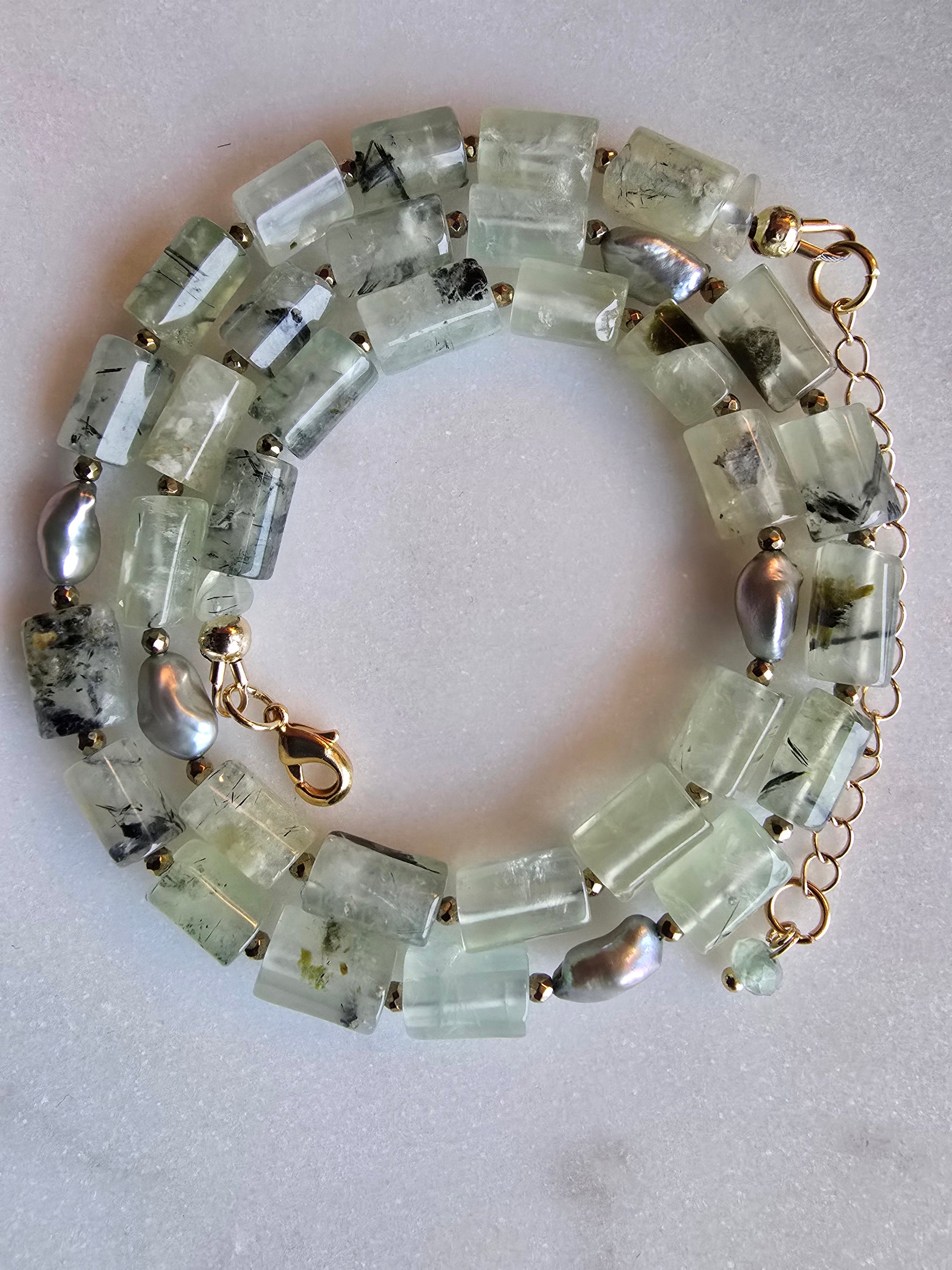 Prehnite and Pistachio Baroque Pearl Necklace – Gold Plated Gemstone Statement Necklace Sacred Sol Design