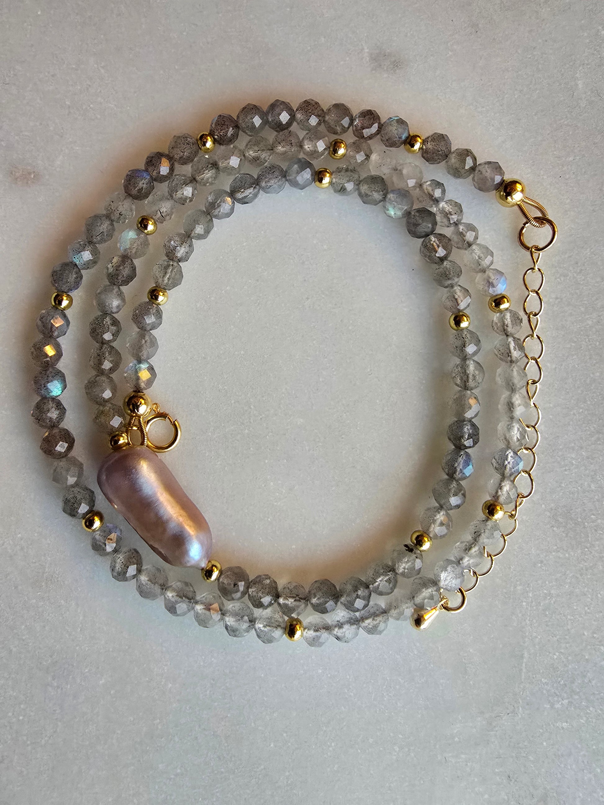 Labradorite and Baroque Pearl Necklace – Natural Gemstone Necklace – Gold Filled Asymmetrical Necklace Sacred Sol Design